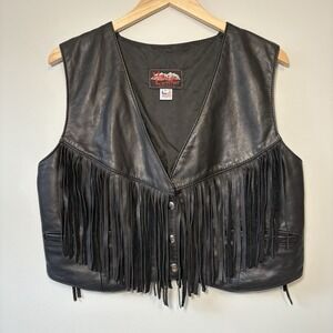Vtg Hillside Leather Women's Black Fringe Leather Vest Lace Up Sides Large USA
